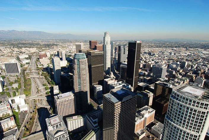 view of numerous helicopter pads on downtown la skyscrapers